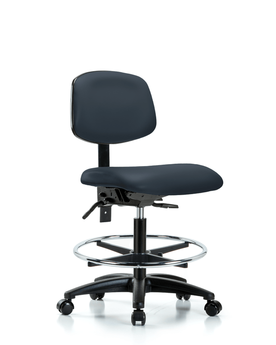 Medium Bench Height Vinyl Chair with Seat Tilt, Chrome Foot Ring, & Casters
