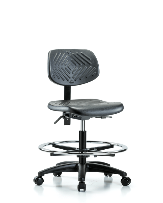 Polyurethane Chair - Medium Bench Height with Chrome Foot Ring & Casters in Black Polyurethane